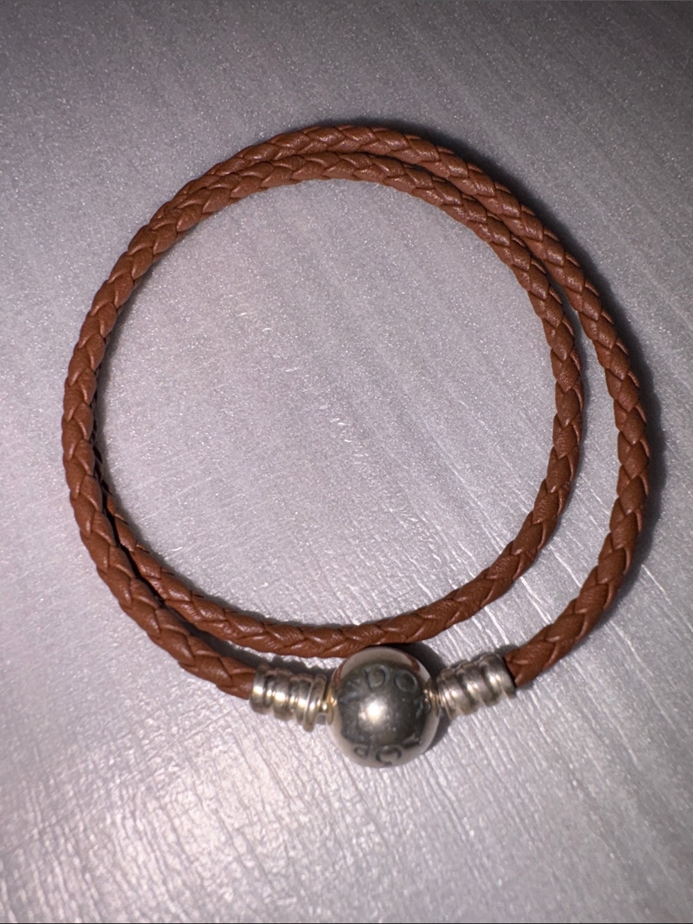 Pandora Brown Braided Leather Double Wrap Bracelet with Silver Clasp